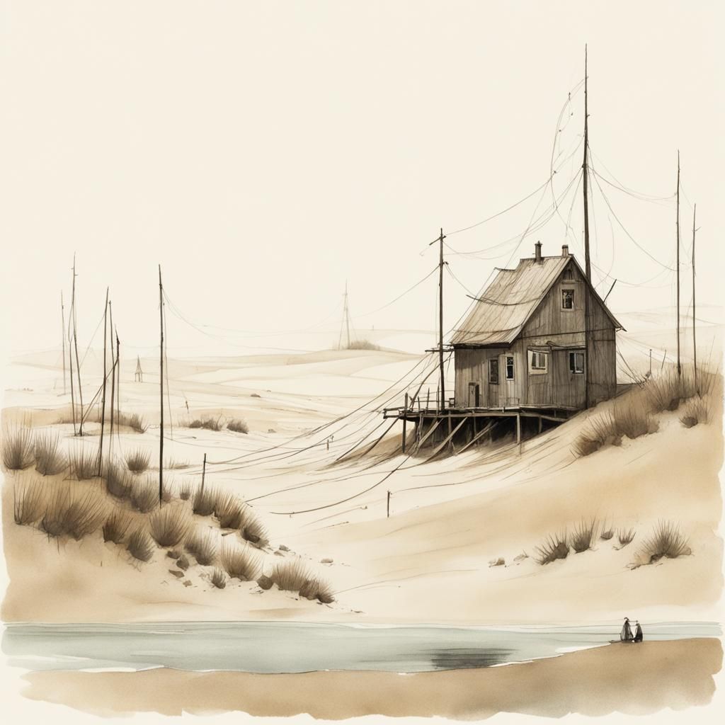 Rustic House in Dunes with Drying Fish, Sketch Style