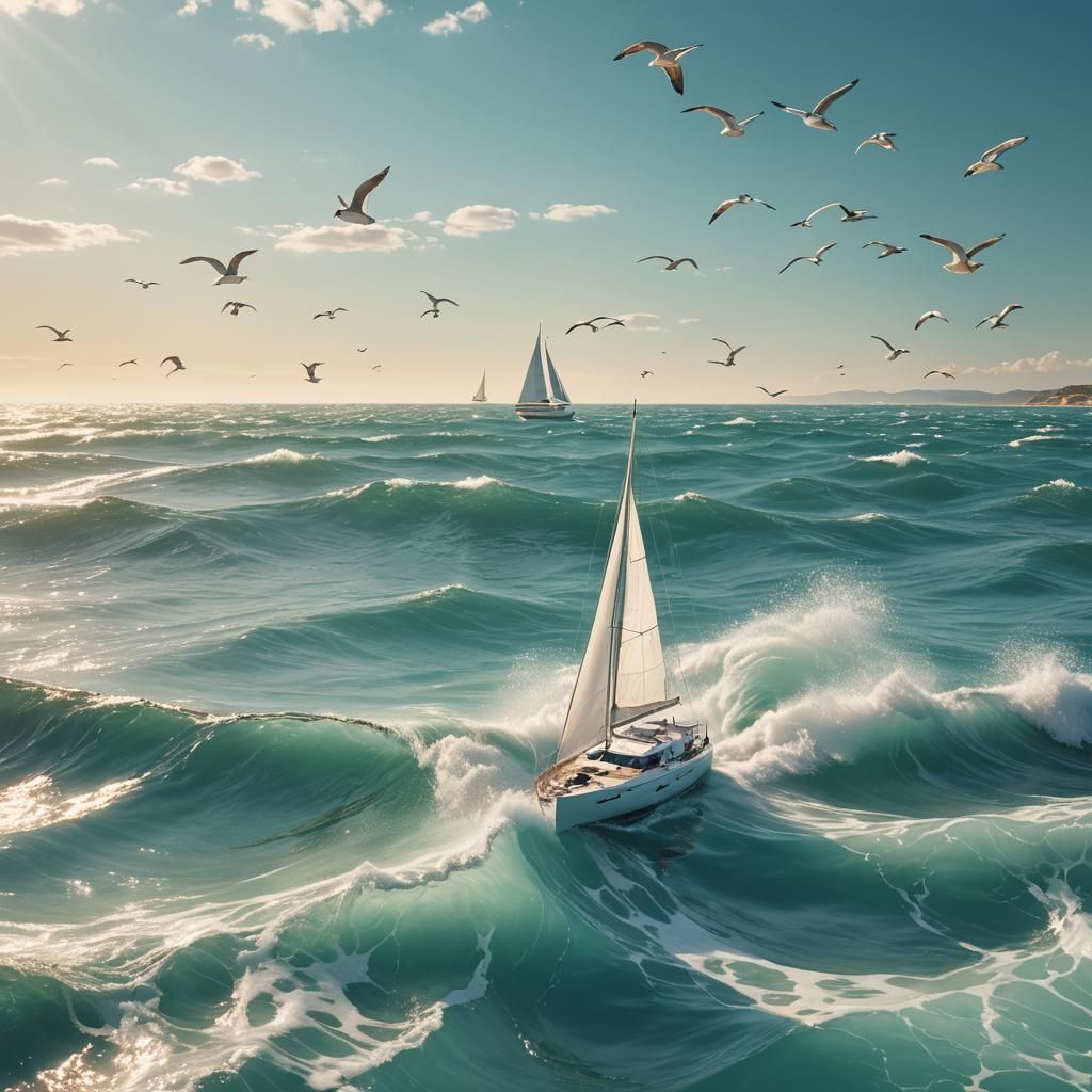 Surreal Yacht in Ocean with Seagulls, Dreamlike Art