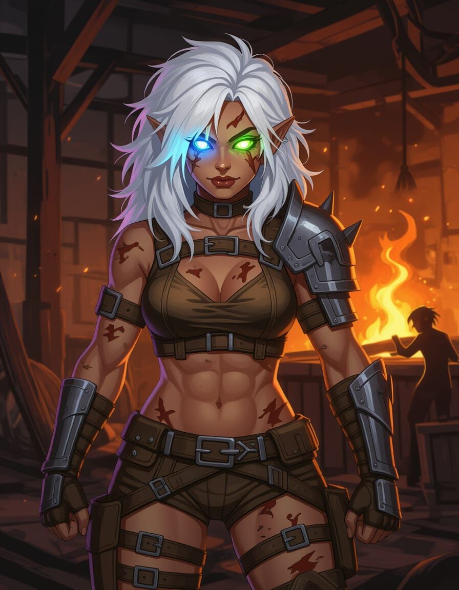 Defiant Half-Demon Woman in Anime Semi-Realism Style