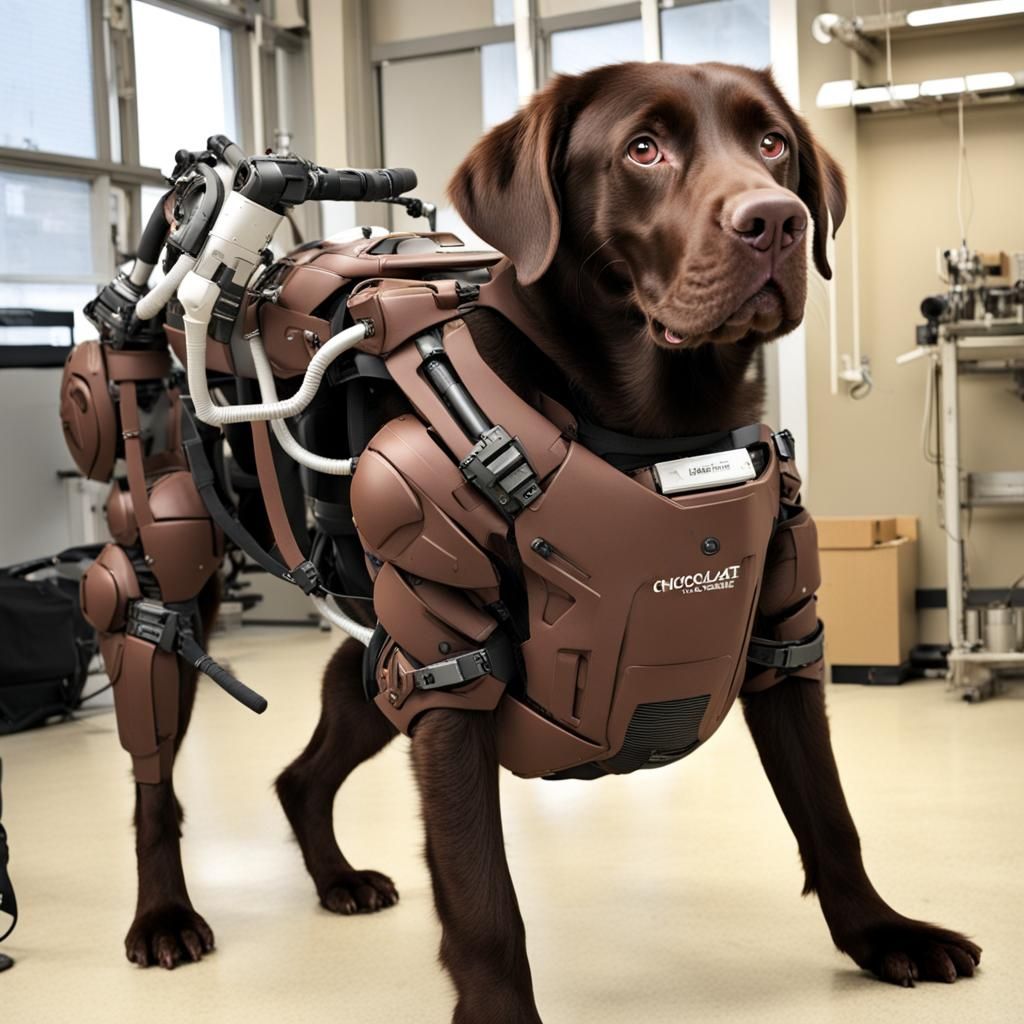 Chocolate Lab in an exoskeleton power suit.