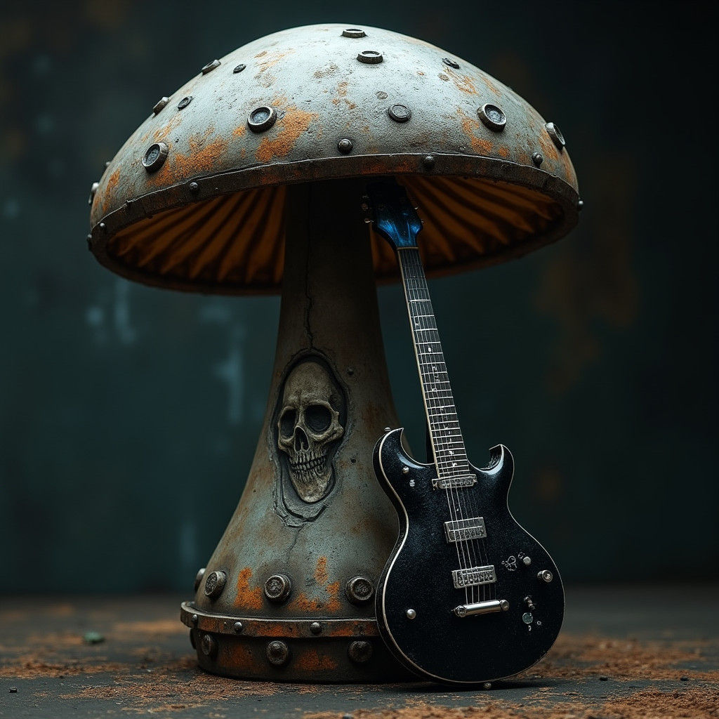 Industrial Metal Mushroom with Guitar in Cyberpunk Style