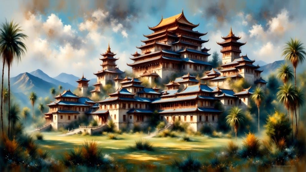 Ancient Chinese Castle in Dreamlike Digital Matte Painting S...