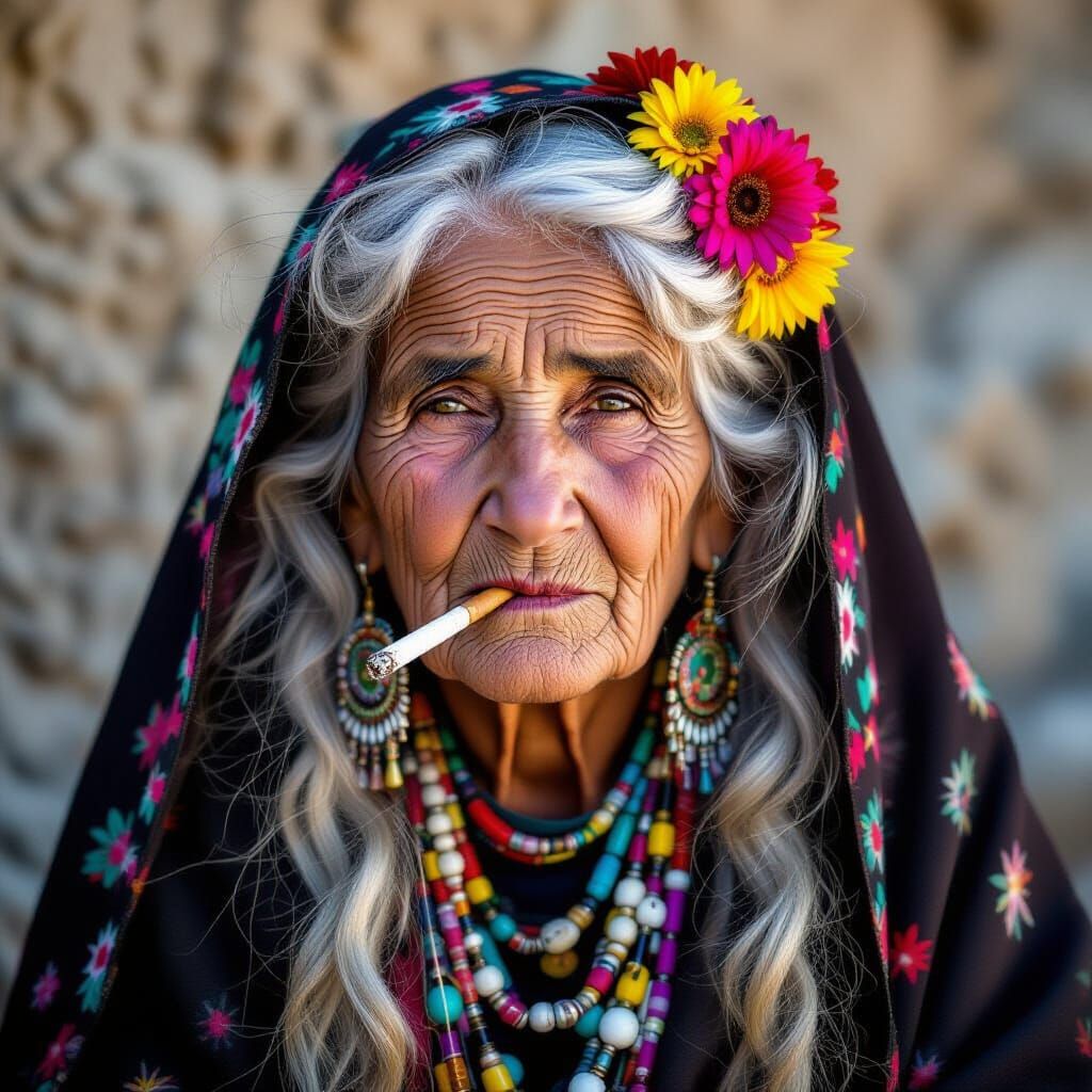 Elderly Gypsy Woman with Zigarello, Traditional Style