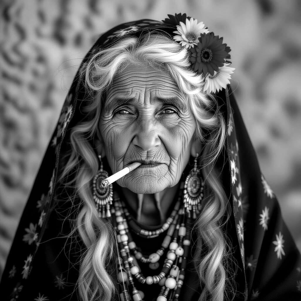 Elderly Gypsy Woman Smoking with Colorful Necklace