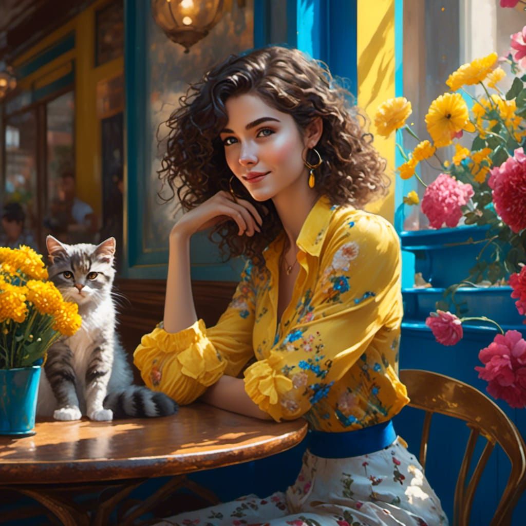Woman in Cafe with Cat: Hyperrealistic Splash Art