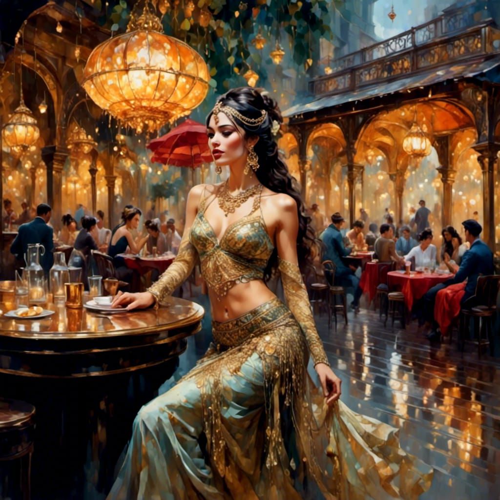 Opulent Belly Dancer in Tachisme Oil Painting