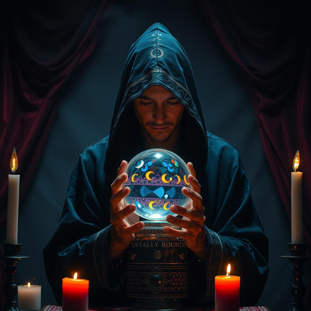 Mystic Gazing into Crystal Ball in Folk Horror Style