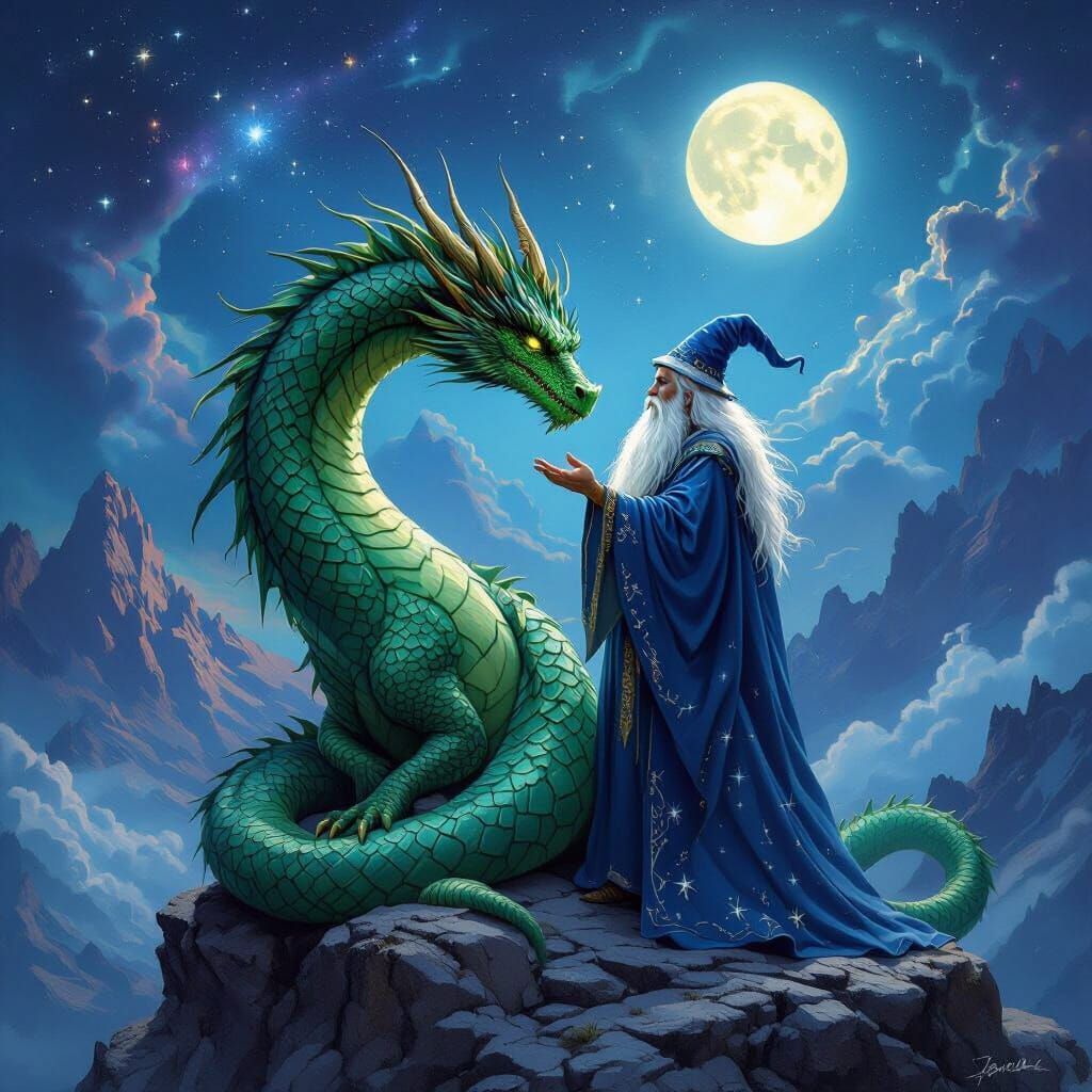 Wizard Tames Dragon on Mountain Peak in Fantasy Art Style