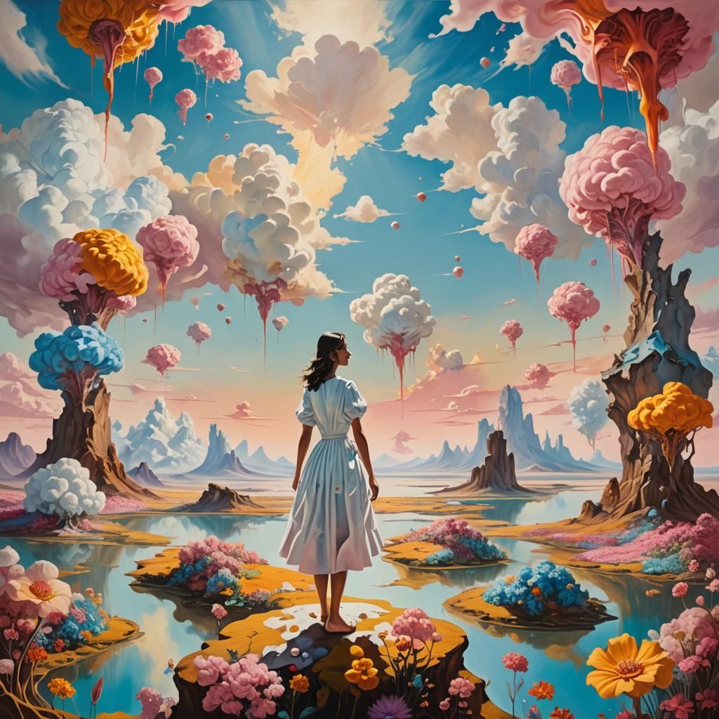 Dreamlike Surrealism: Girl in a Vibrant Landscape