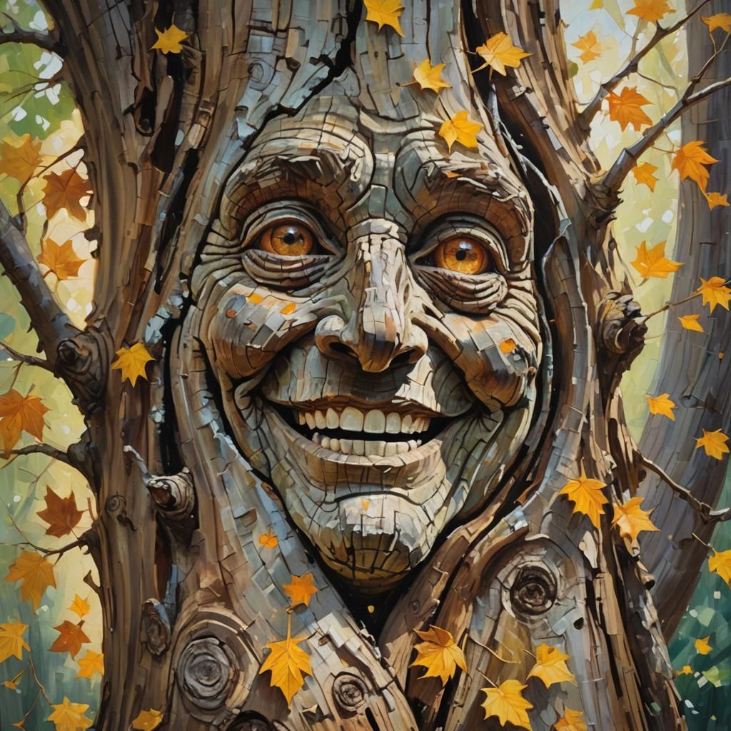 Smiling Tree Trunk Portrait in Impressionist Style