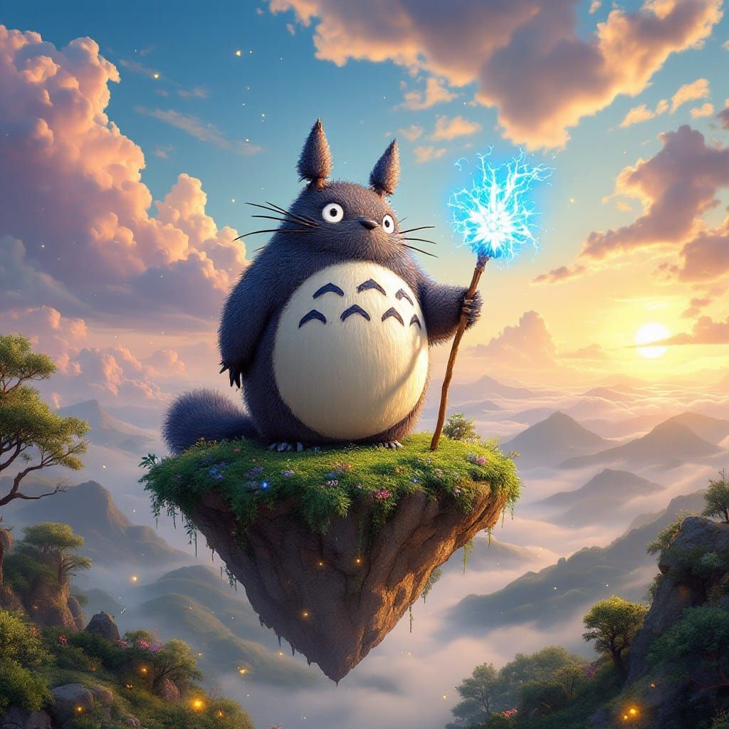 Majestic Wizard Totoro in Whimsical Dreamlike Landscape