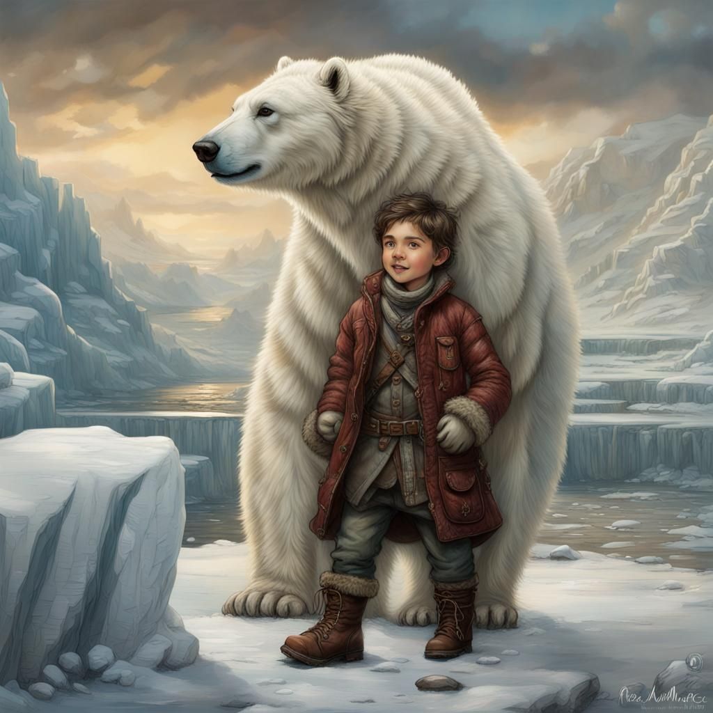 Polar Bear and Boy Travel Iceland: Detailed Matte Painting