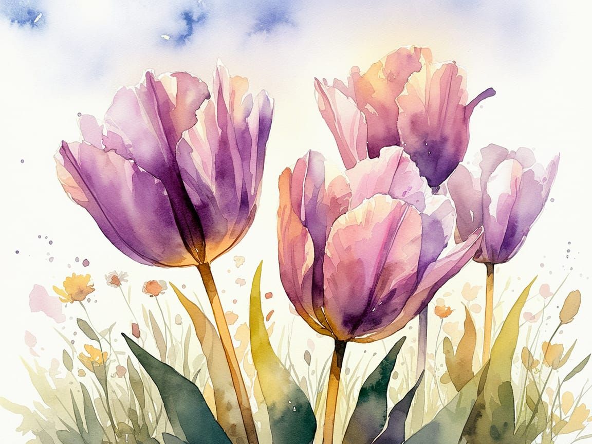 Ethereal Watercolor Tulips in a Sunny Field