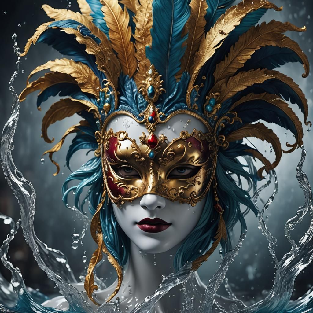 Water Venetian Mask in Detailed Matte Painting Style