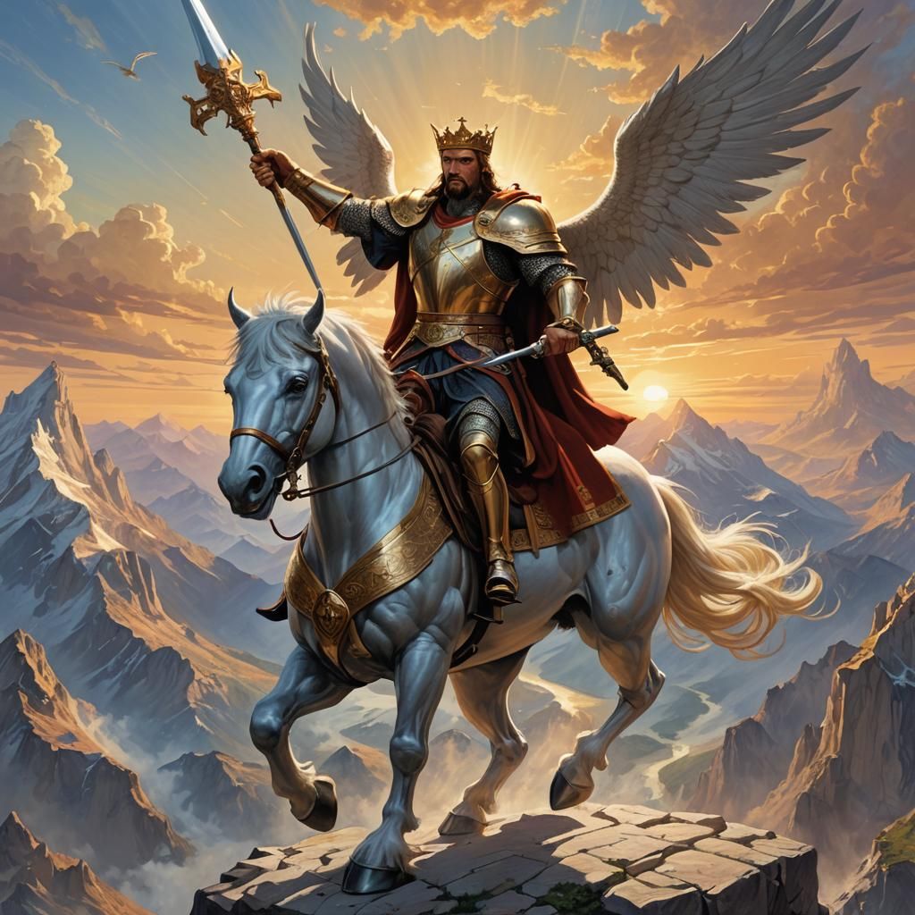 King Arthur with Excalibur on Pegasus at Sunset