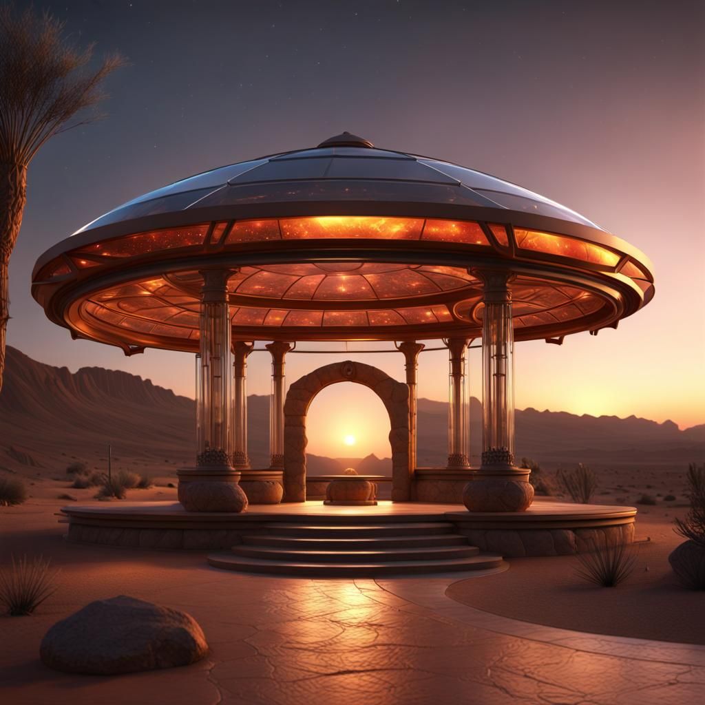 UFO Gazebo at Desert Sunrise, Fantasy Concept Art