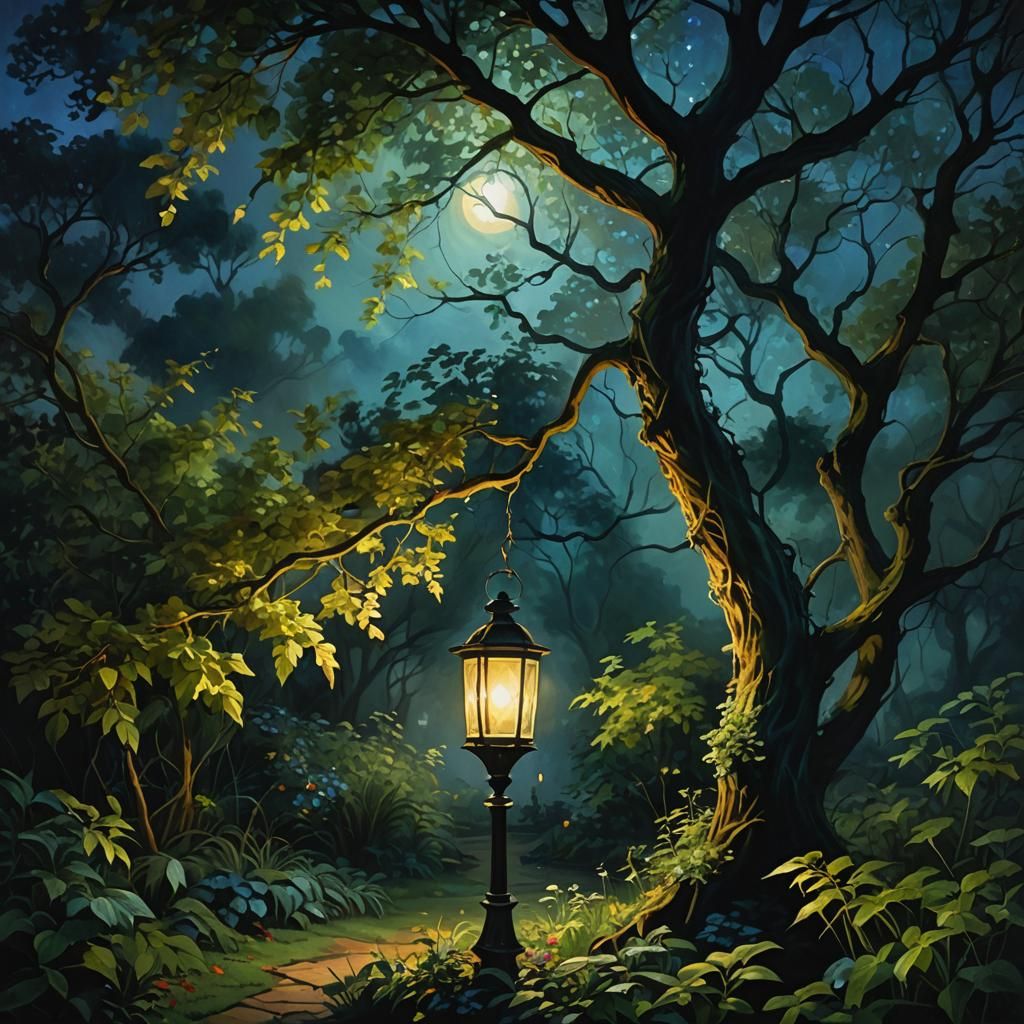 Glowing Lantern in Moody Impressionistic Garden
