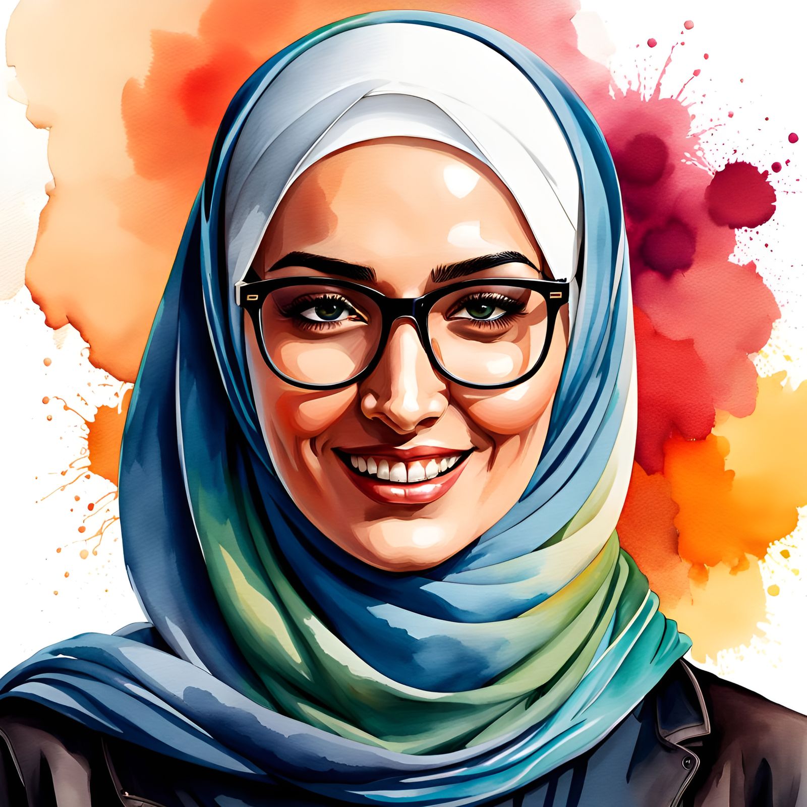 Beautiful Hijabi Student Portrait in Watercolor Style