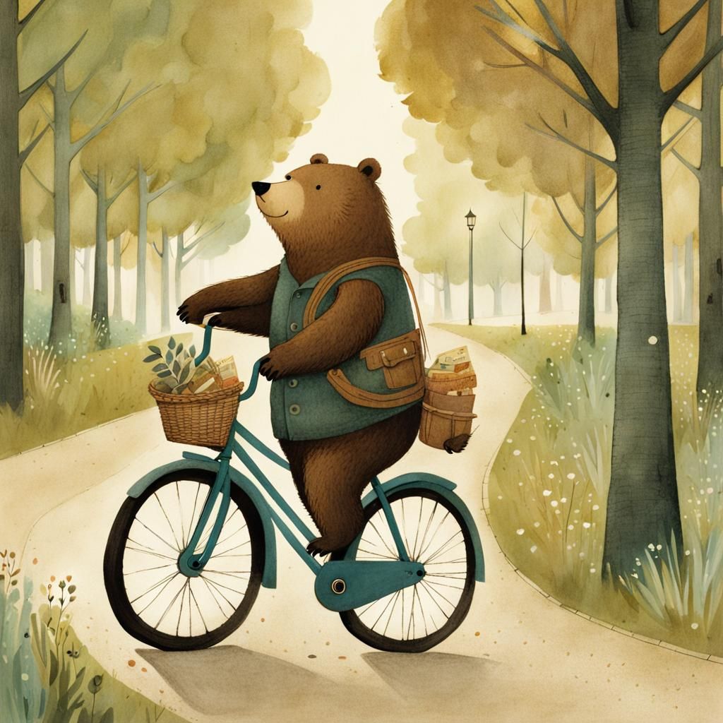 Bear Rides Bike in Park, Storybook Illustration
