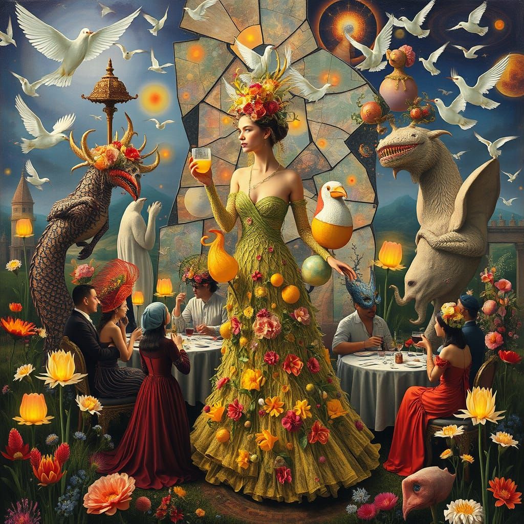 Surreal Garden Party with Towering Flowers, a Dreamlike Scen...