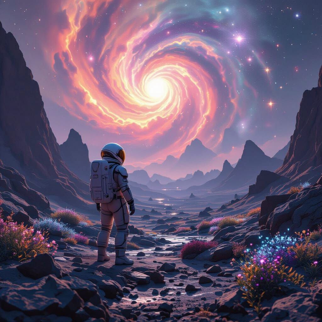 Astronaut Gazing at Nebula in Alien Landscape