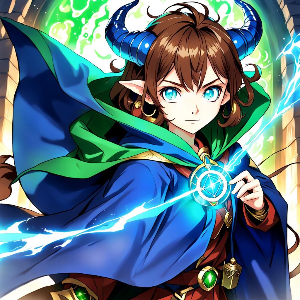 Tiefling Wizard with Sapphire Amulet in Anime Style