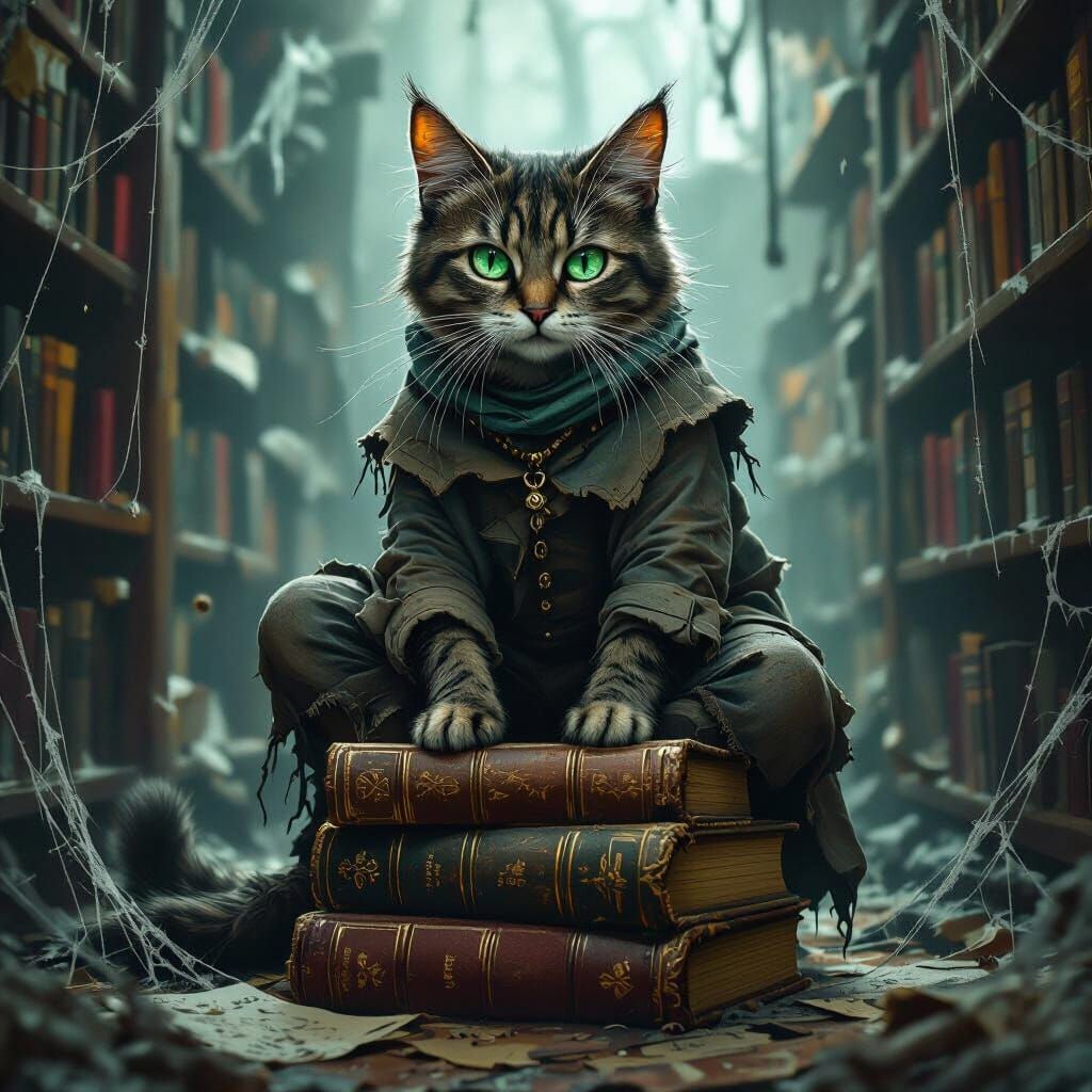 Mysterious Cat with Emerald Eyes on Books in Dusty Library