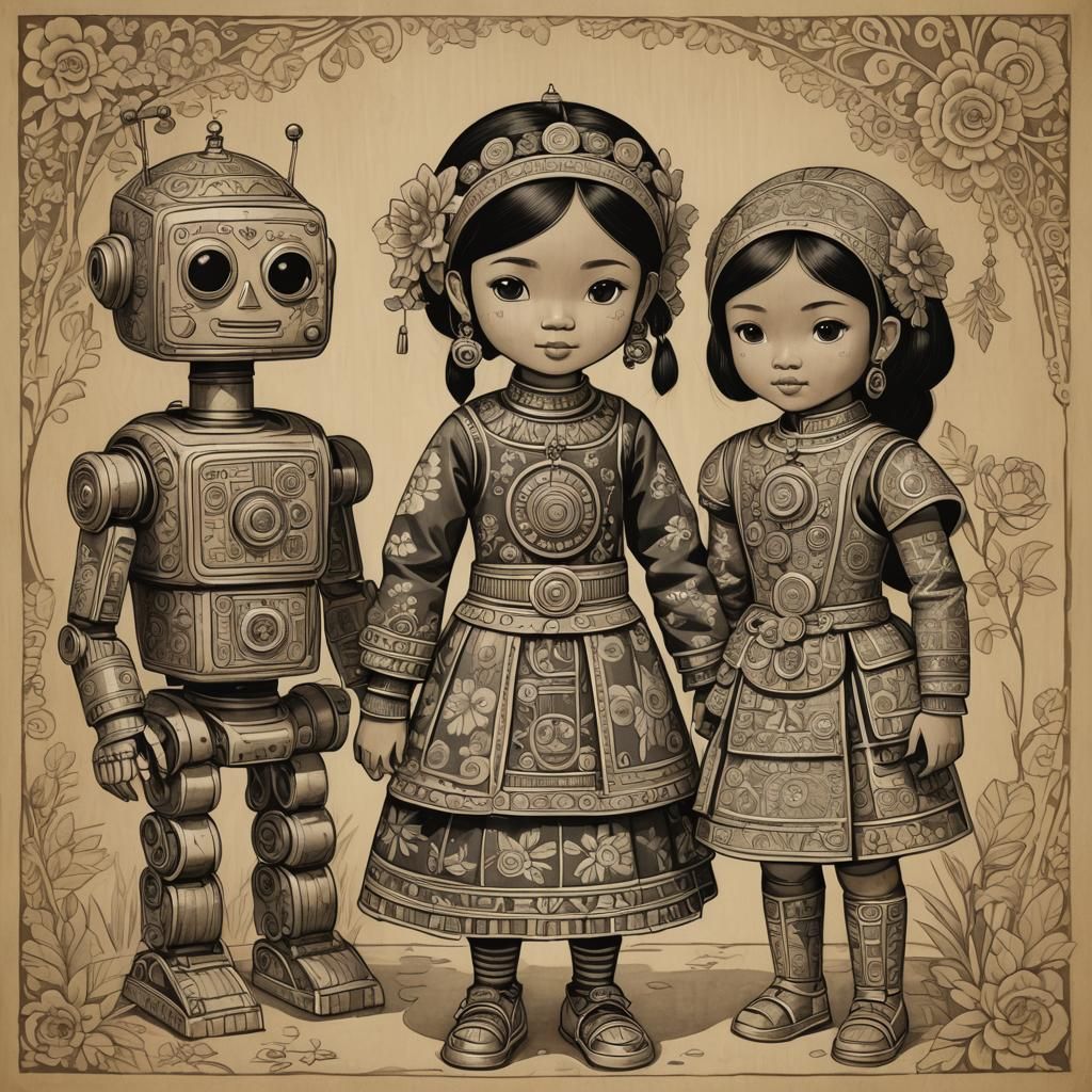 Girl and Robot in Maranao Folk Art Style