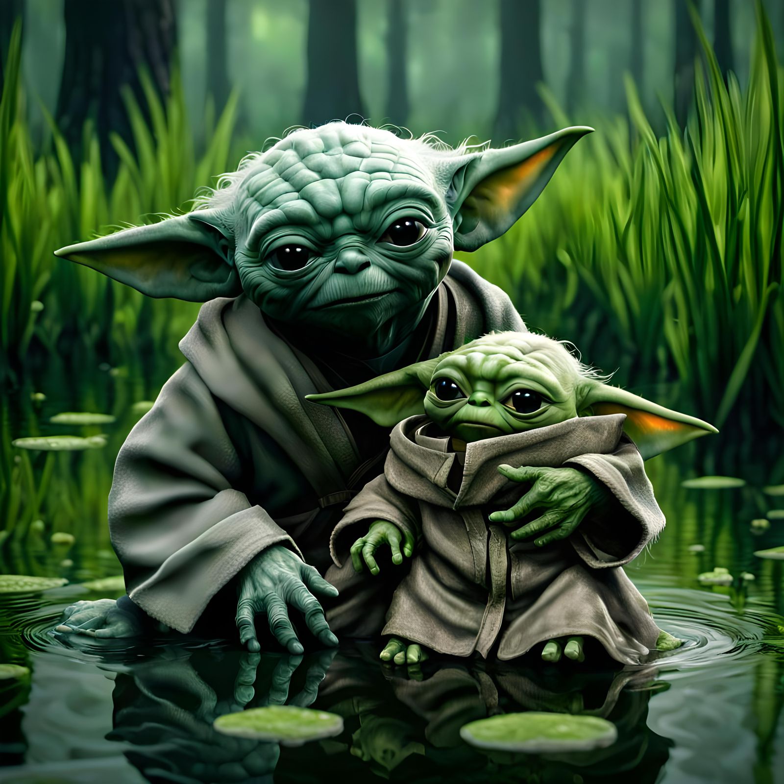 Yoda and Baby Yoda in a Green Swamp
