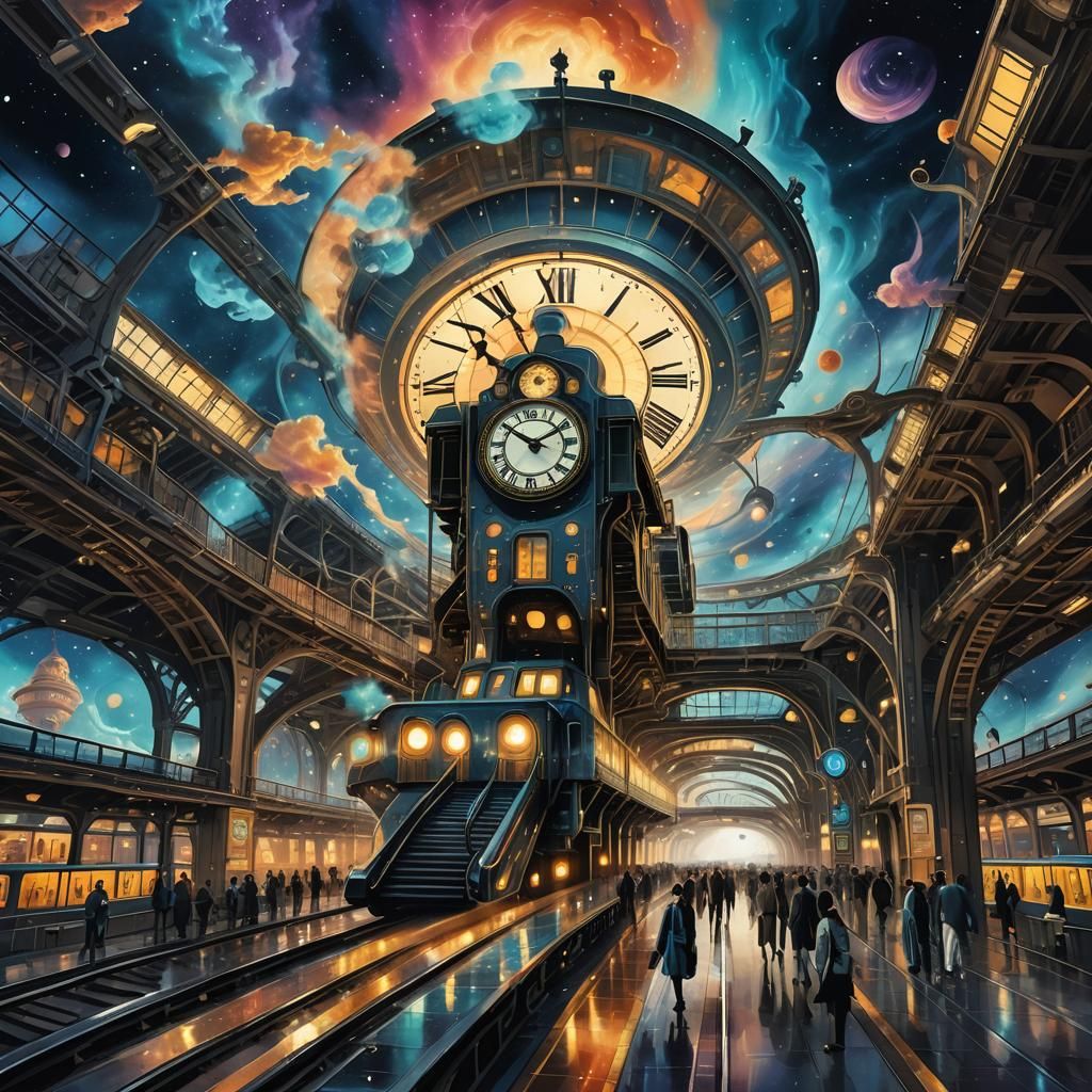 Cosmic Train Station in Surrealist Style