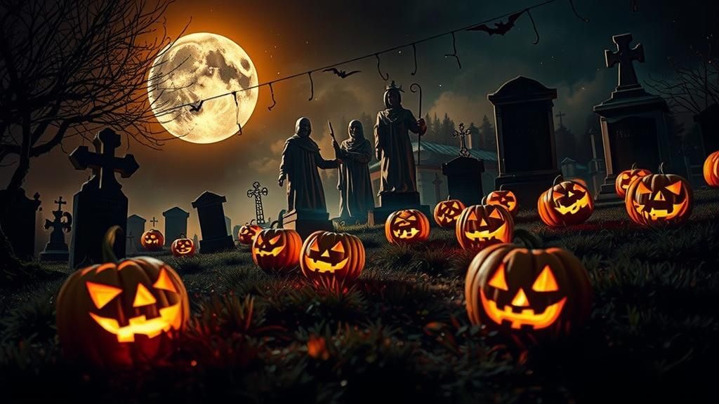Graveyard Scene with Ghosts and Jack-o-Lanterns