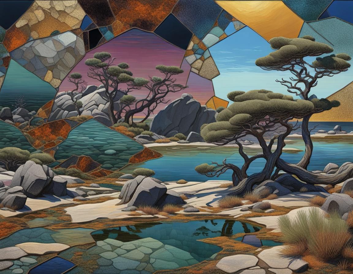 Surreal Pacific Coastal Scene with Minimalist Elements