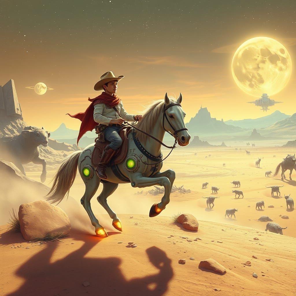 Futuristic Cowboy on Robotic Horse, Digital Art