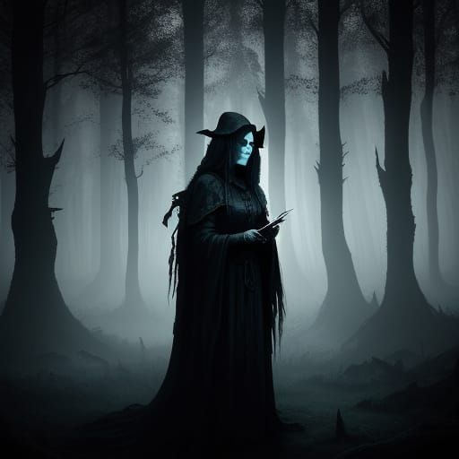 Dark Fantasy Witch in Shadowy Forest
