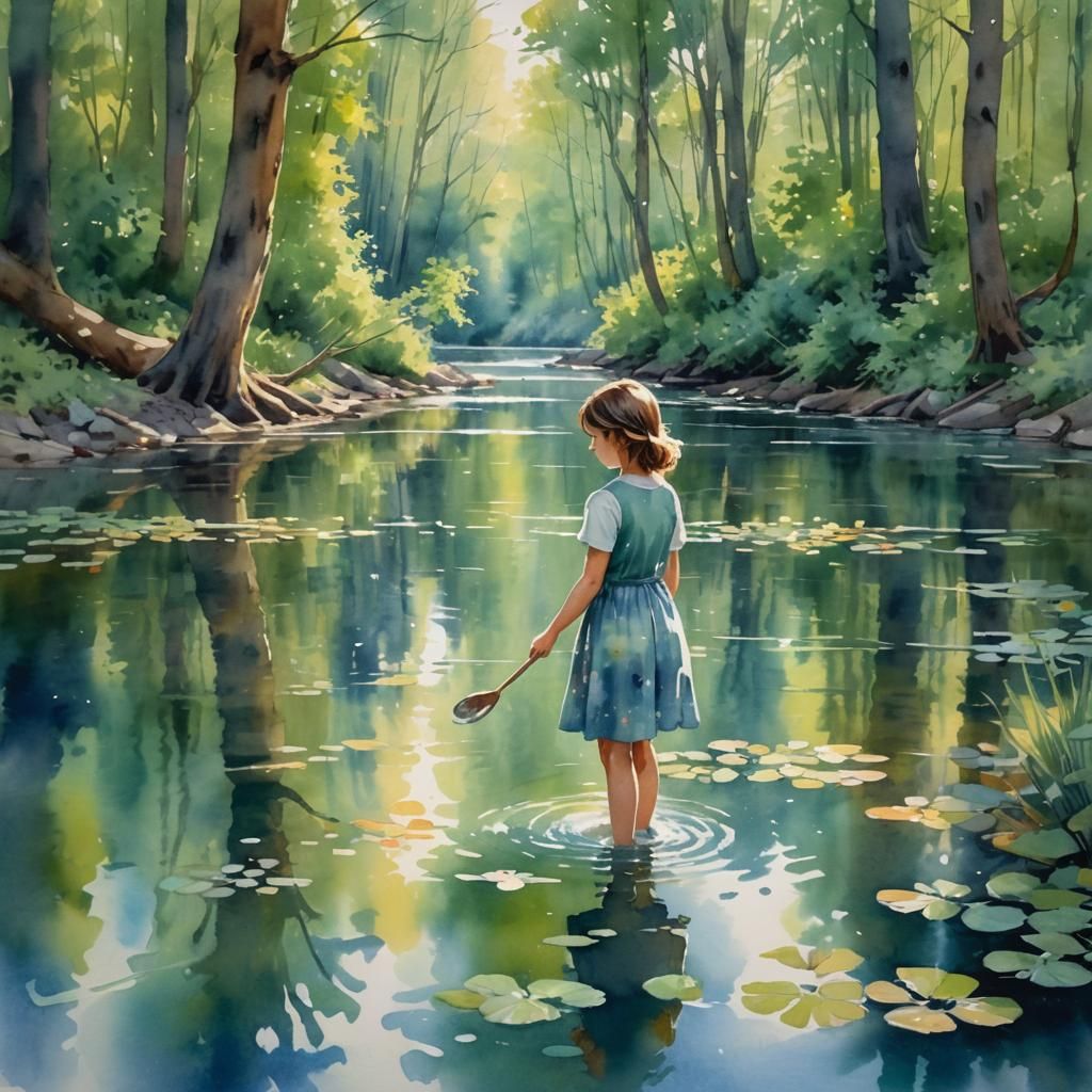 Girl by River in Forest as Impressionist Watercolor