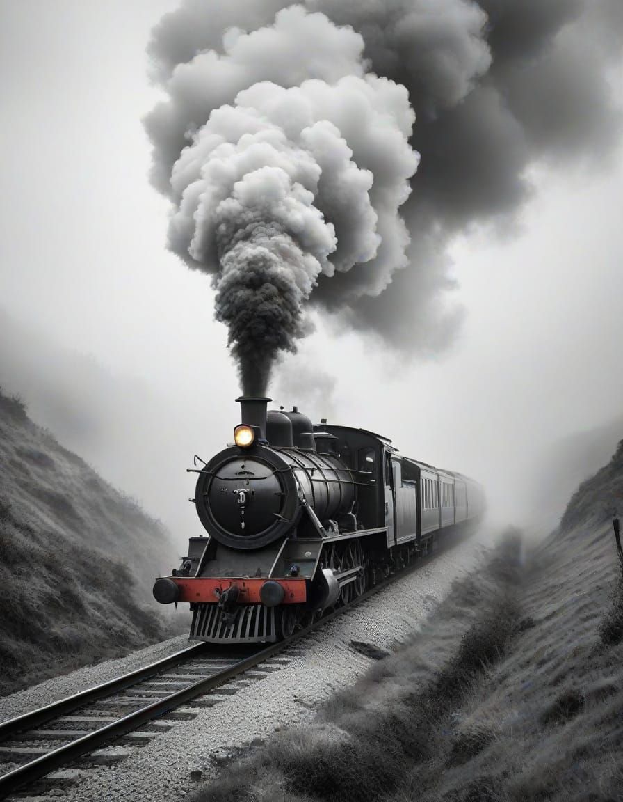 Vintage Steam Engine Train in Dense Fog