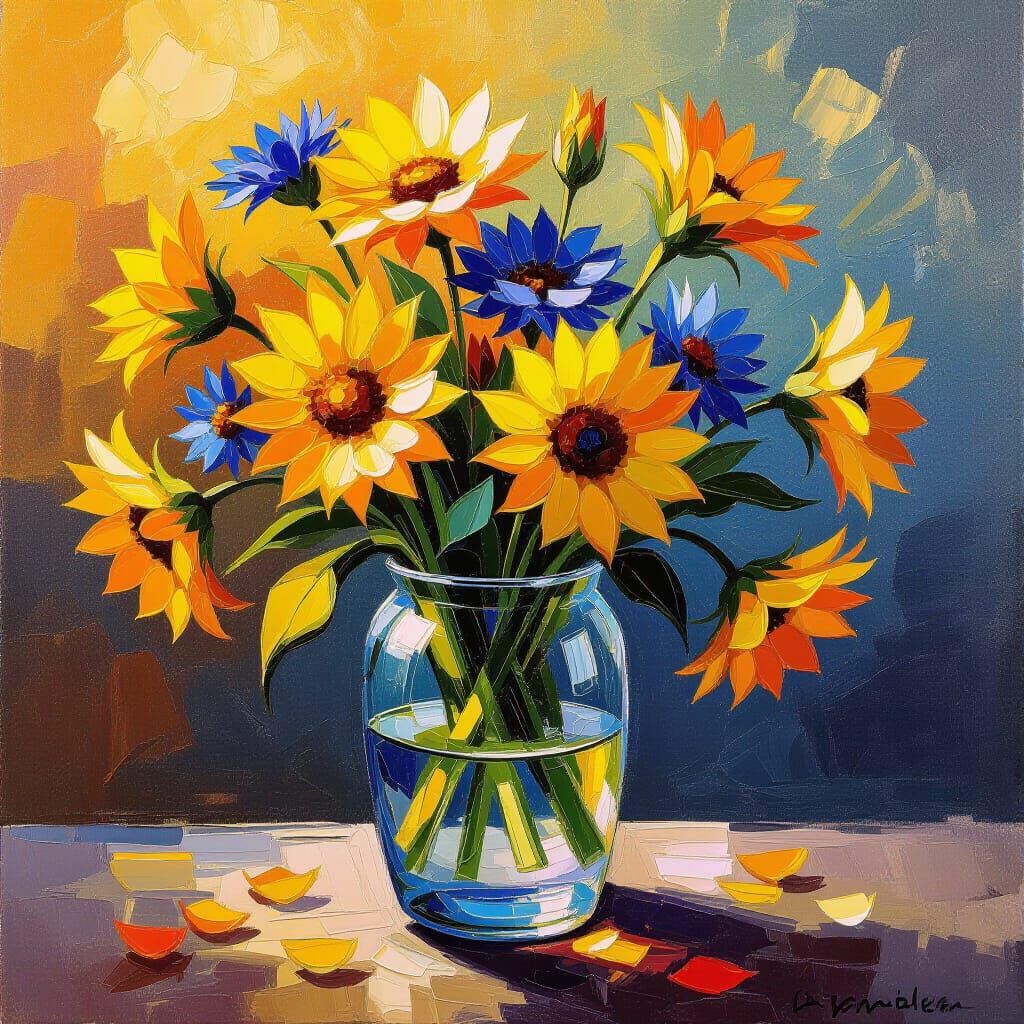 Impasto Oil Painting of Vibrant Cornflowers in Vase