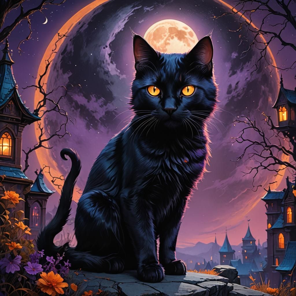 Black Cat Under Full Moon: Fantasy Concept Art