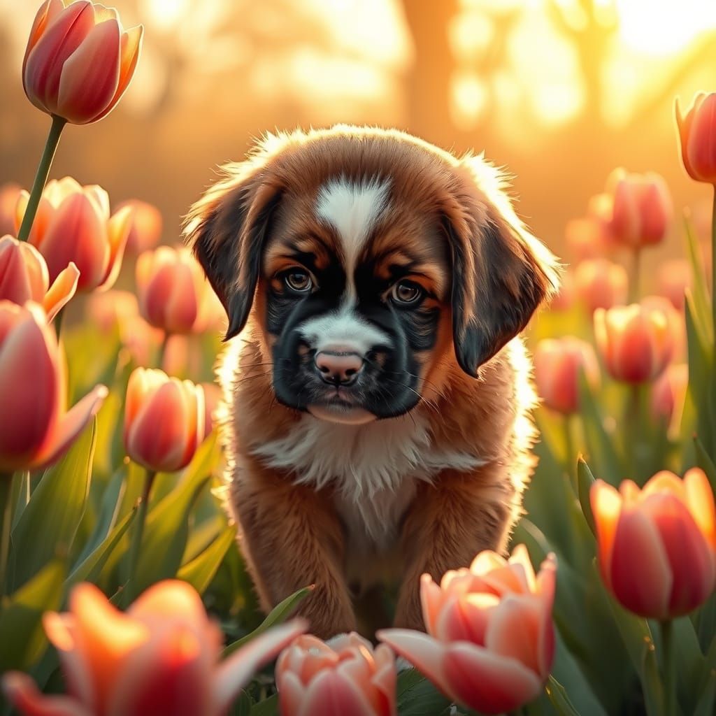 St Bernard, Sunset, Tulips