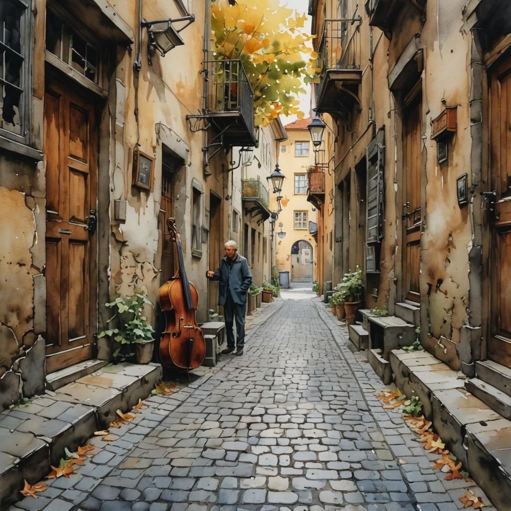 Radiant Musician in Old Town Alley: Watercolor Sketch