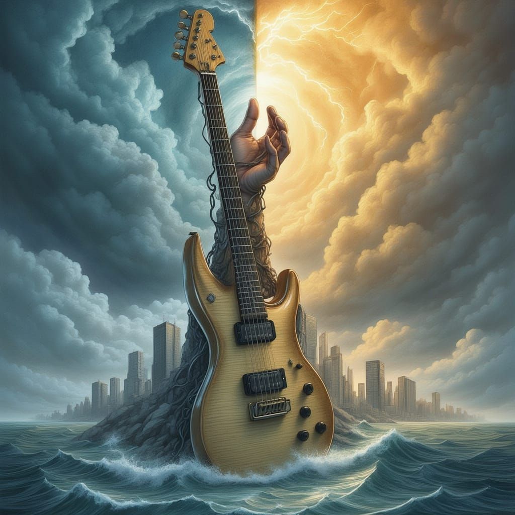 Giant Hand Holds Guitar in Stormy Seas, Surreal City Below