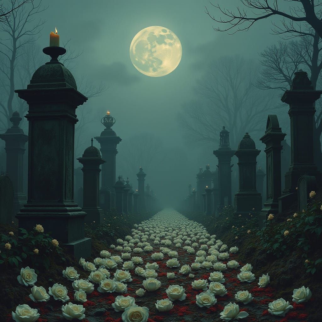 Moonlit Cemetery of Wilting White Roses and Flickering Candl...
