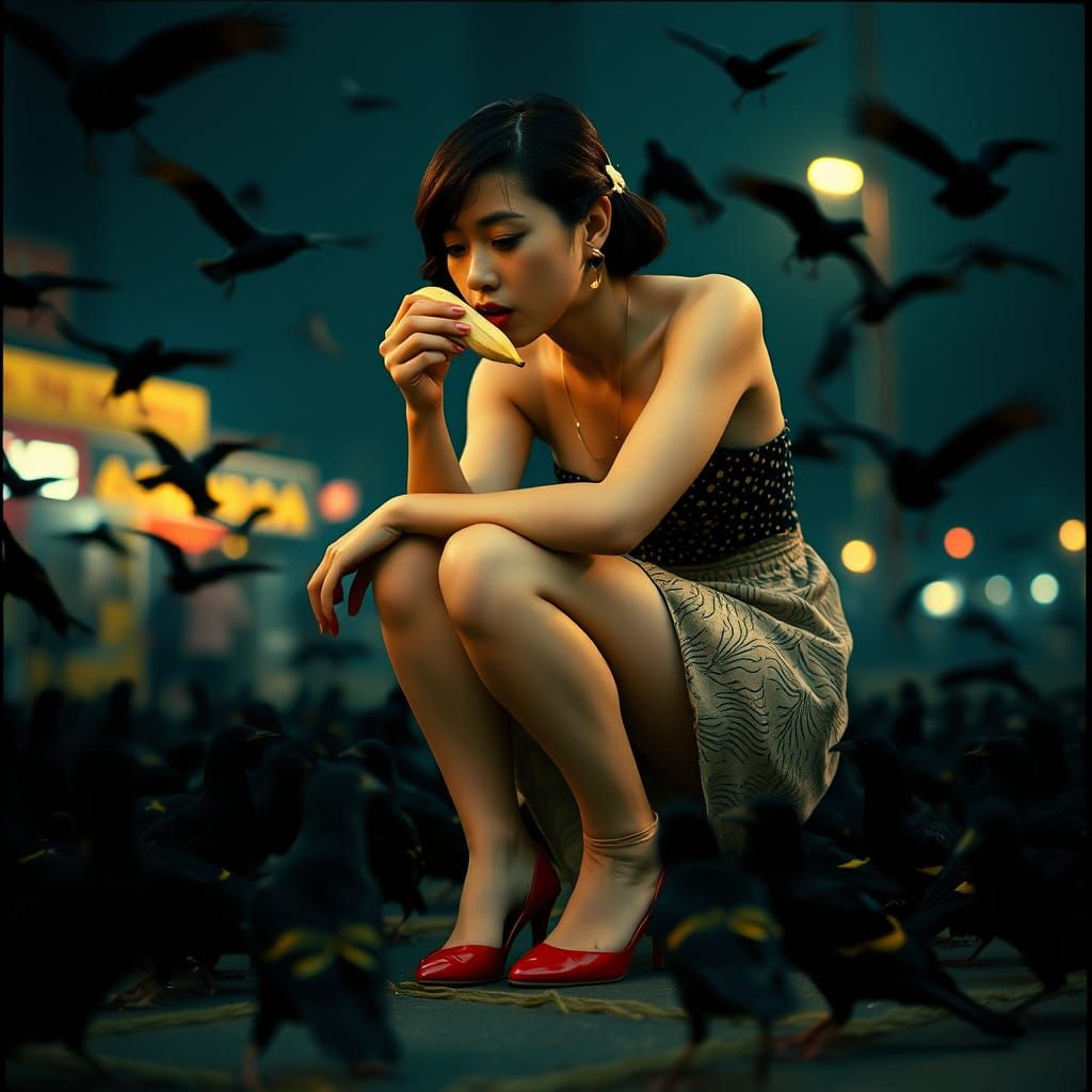 Cinematic Asian Woman with Starlings in Vibrant Scene