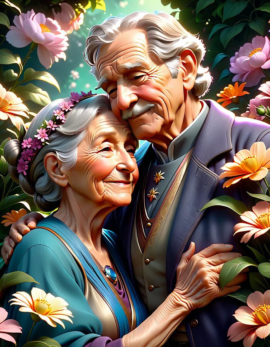 Elderly Couple Share a Tender Moment in Floral Field