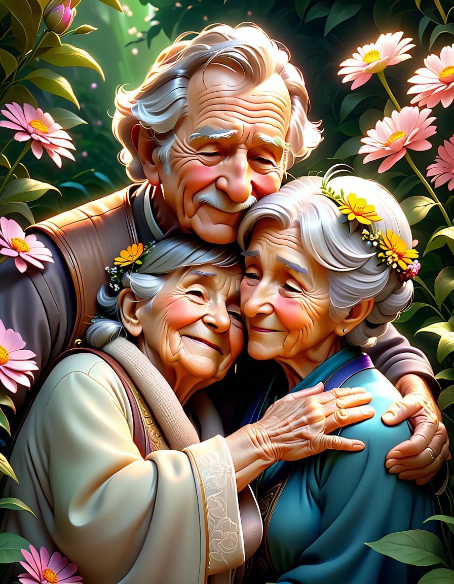 Sweet Embrace: Old Couple in a Flower Garden