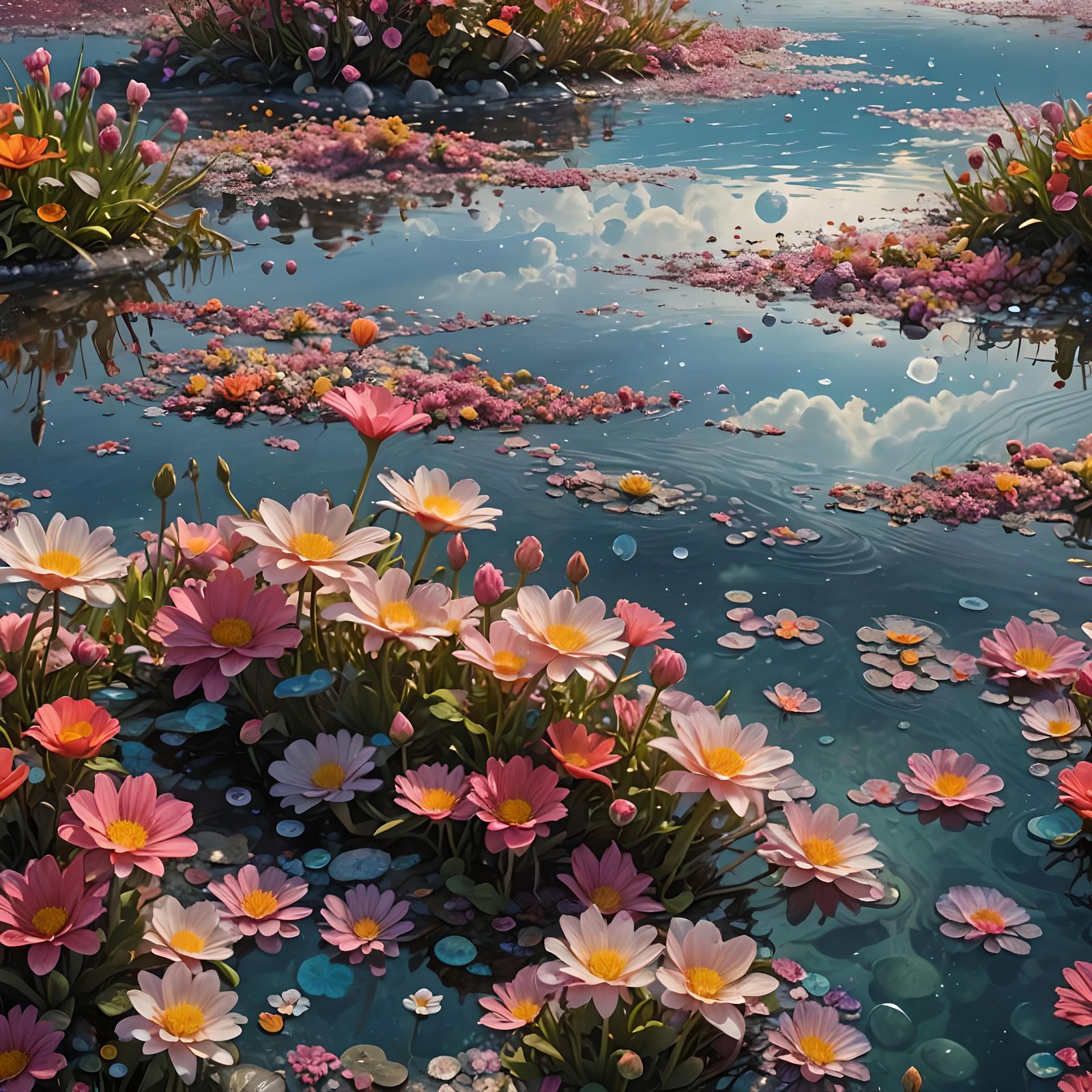Celestial Shoreline with Flowers and Pluto, Photorealistic