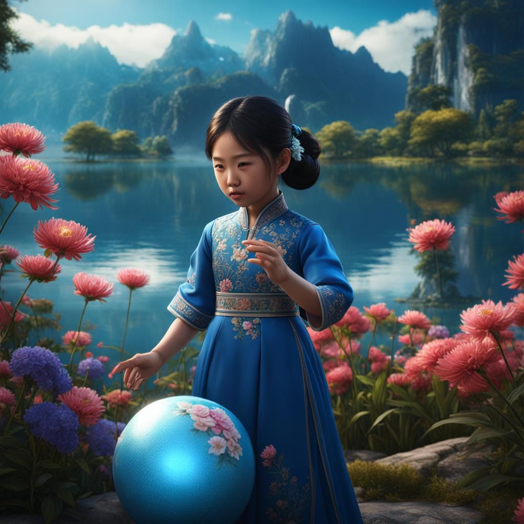 Asian Child Bouncing Ball in Flower Meadow, Detailed Matte P...