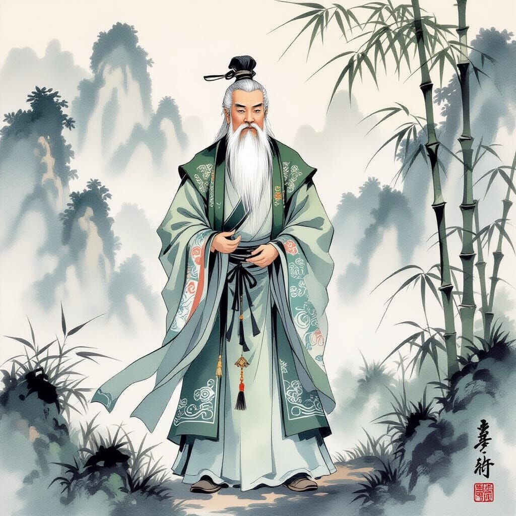 Serene Sage in Chinese Watercolor Painting