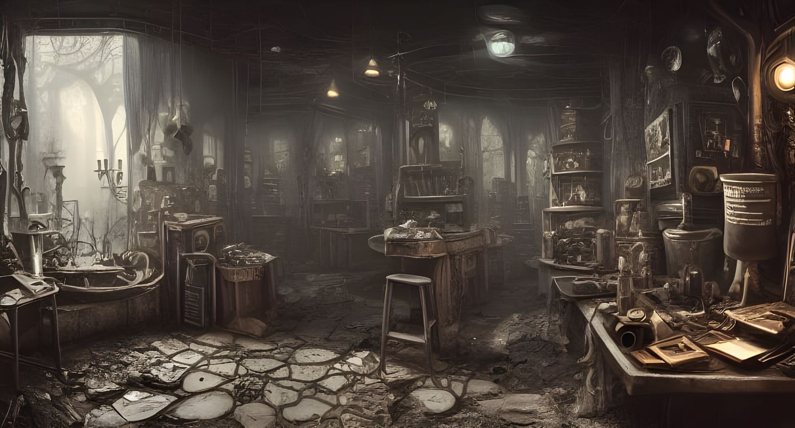Dark Futuristic Magic Shop in Post-Apocalyptic City
