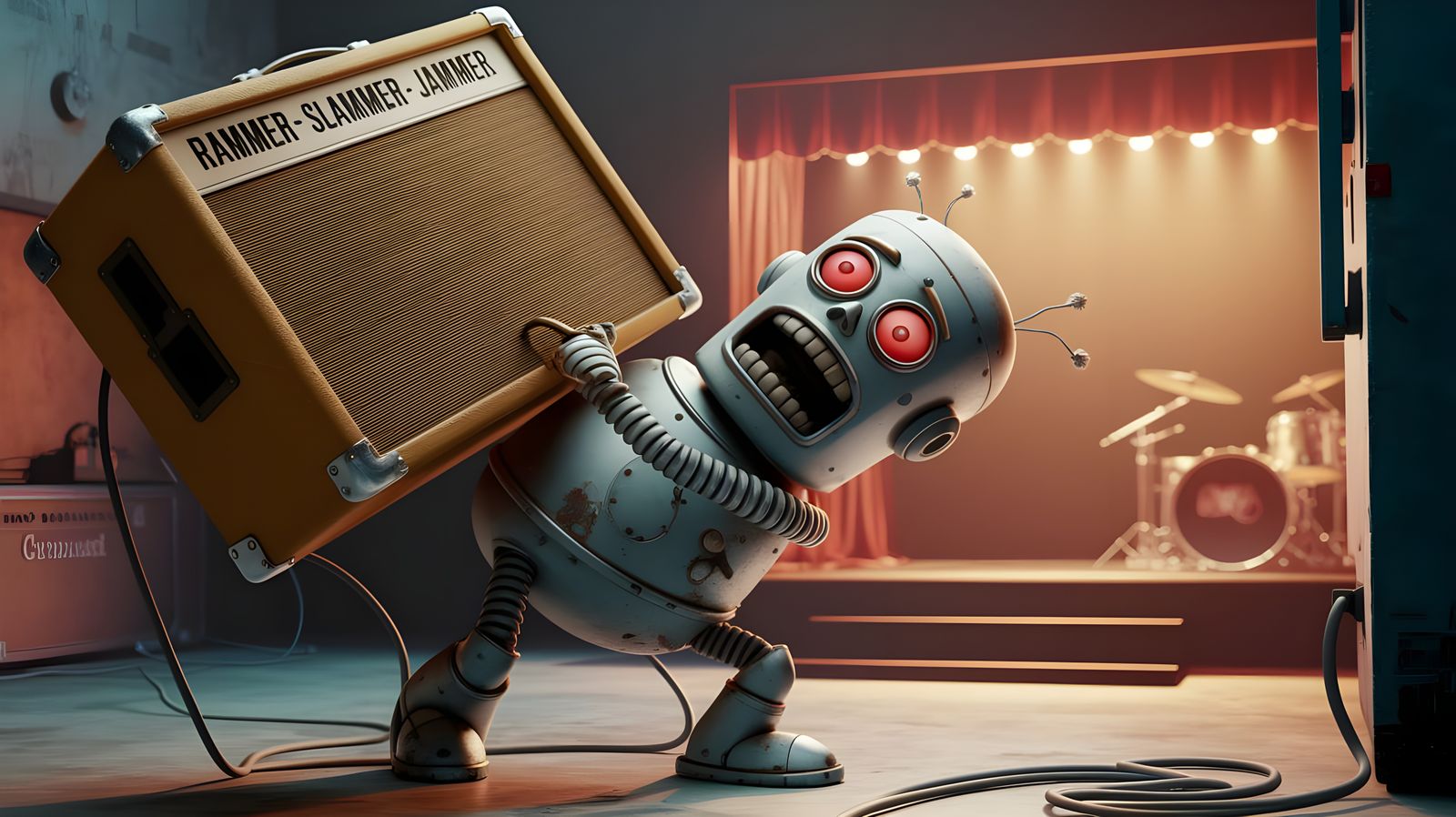Robot Roadie Struggles With Amplifier in Pixar Style